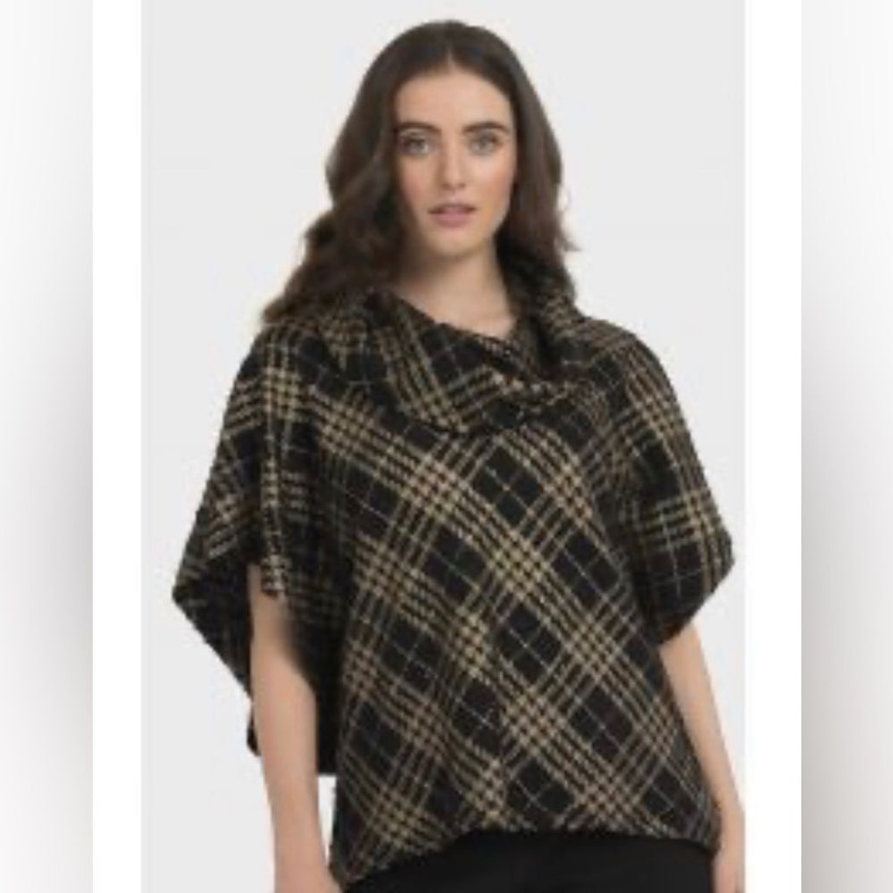 Joseph Ribkoff Poncho Top XL Black Bronze Plaid Cowl Neck Cape Cover Up 194775